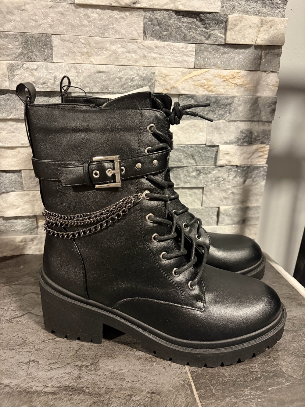 Black Lace-Up Combat Boots with Chain & Buckle Details